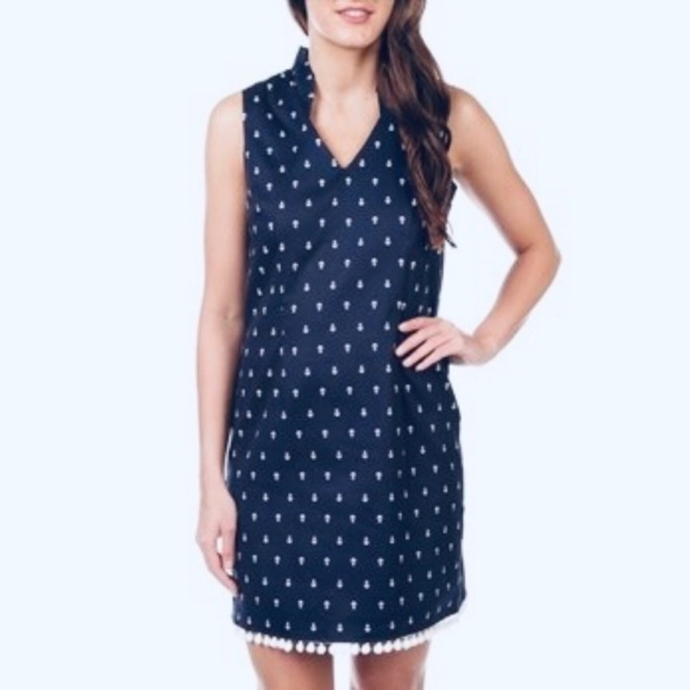Chetta B Anchor Print Pom Pom Shift Dress